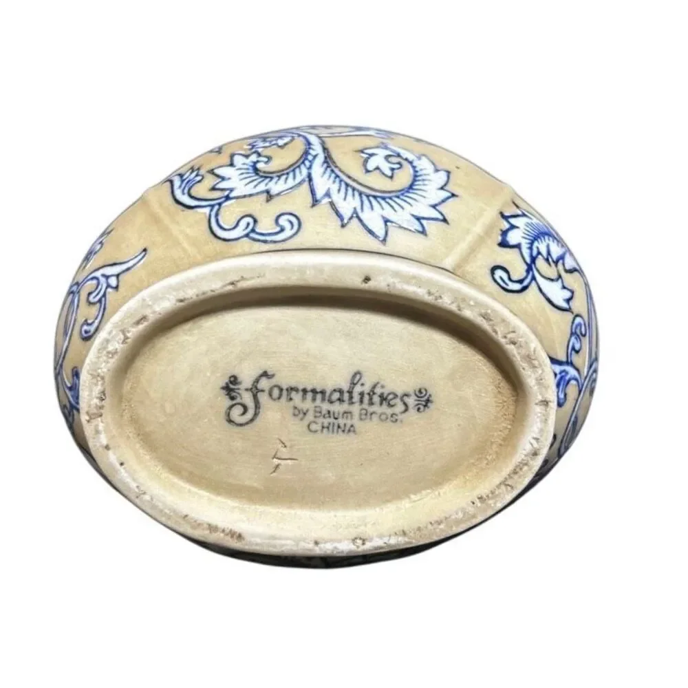 Vintage Formalities By Bauym Bros. Stoneware Vase Medium Blue Tan Floral Ceramic